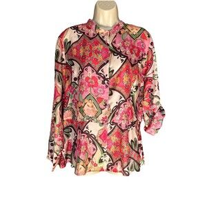 Johnny Was Size Large 100% Silk Long Sleeve Blouse Button Down Lightweight Top